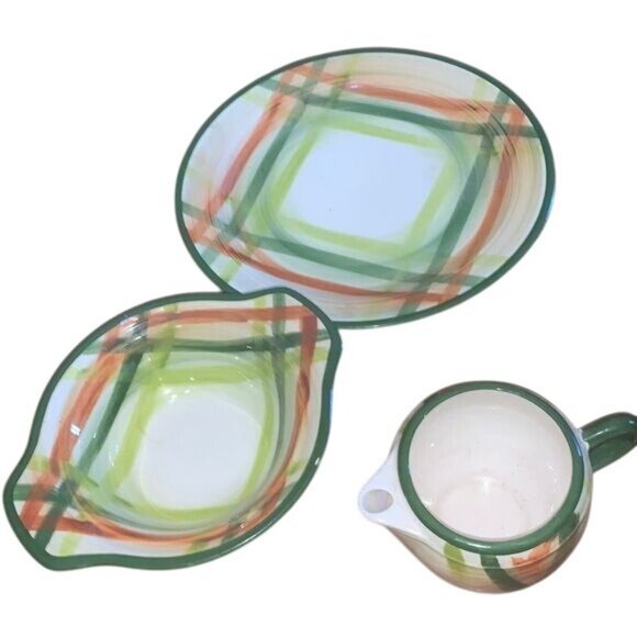 Hand-Painted Ceramic Dinnerware Set With Abstract Plaid Design Includes Plate - Picture 1 of 7